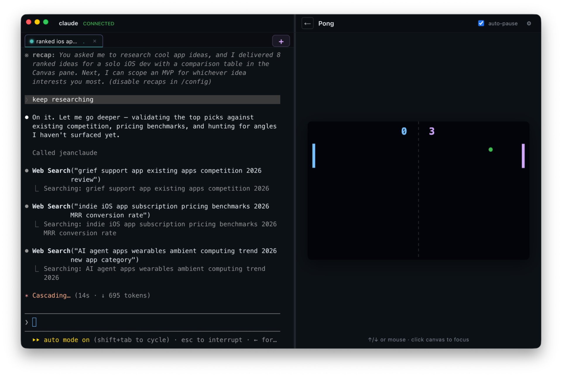 jeanclaude — Pong playing in the right pane beside a Claude Code session